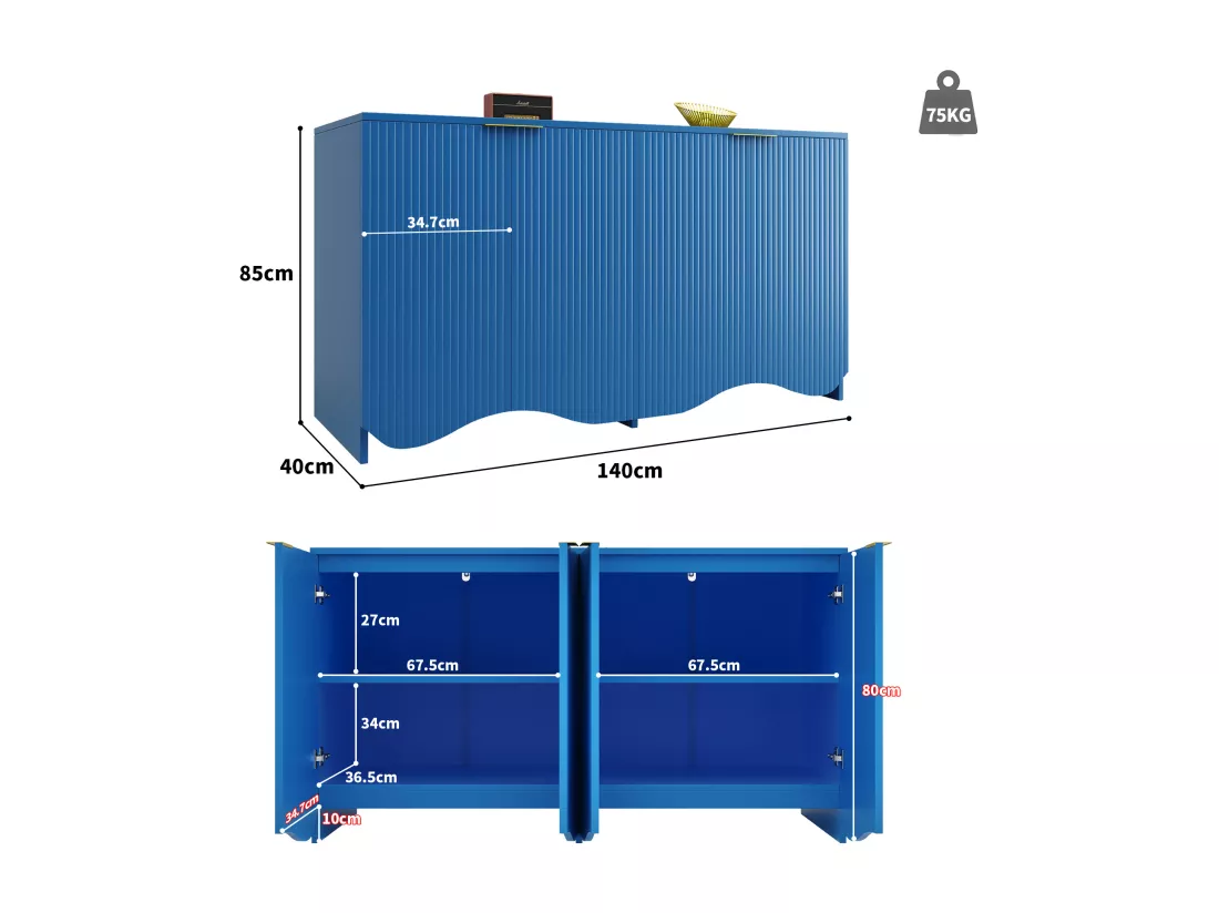 Buffet avec 4 portes - 140 x 40 x 85 cm - MDF + métal - pour salle à manger et salon - Bleu