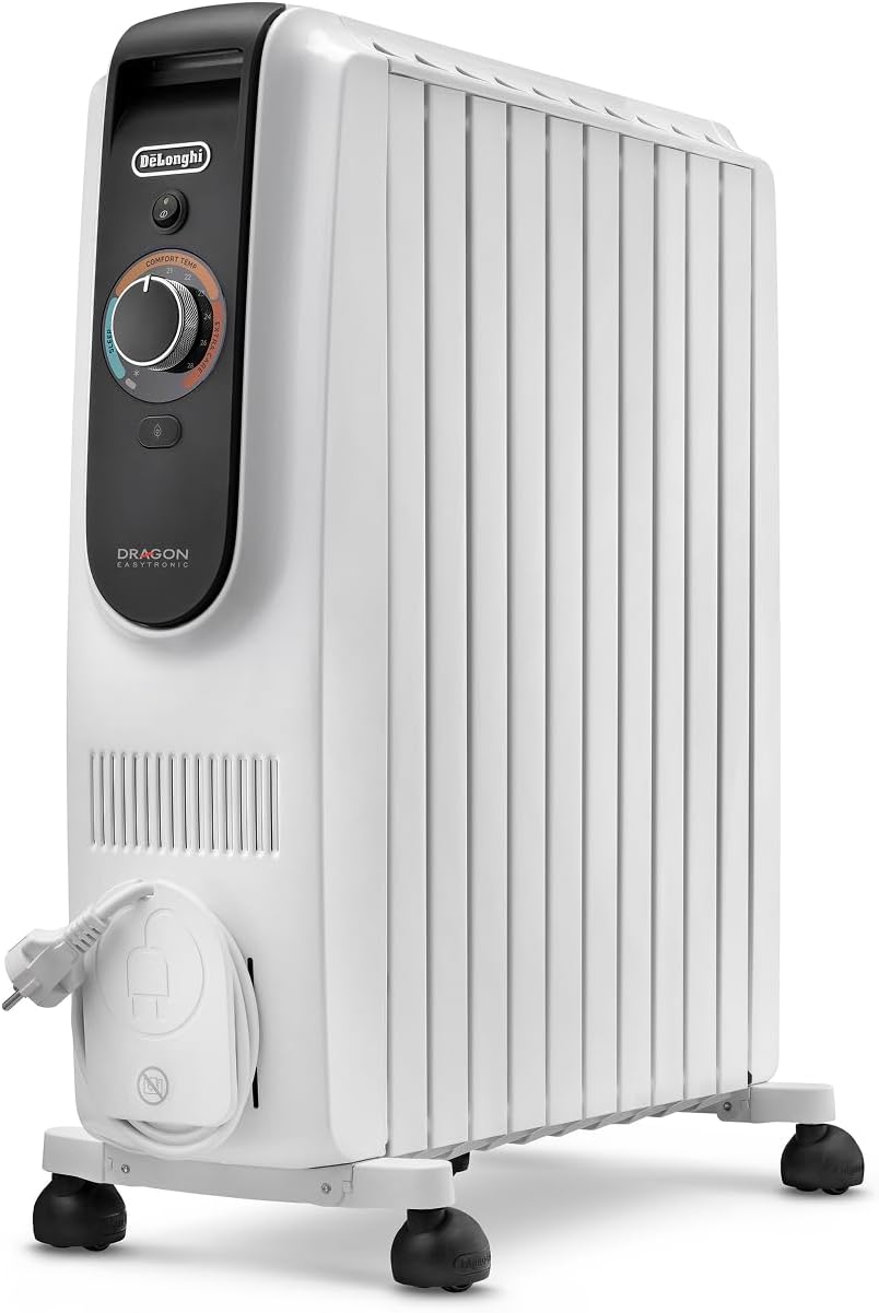 De'Longhi Dragon EasyTronic – Ölheizer für Räume bis 75m³, Elektroheizung mit Sicherheitsthermostat, 10 Rippen, Individuelle Heizung – 12 Temperaturstufen, Tragbar, 2500W, Weiß (TRD51025)