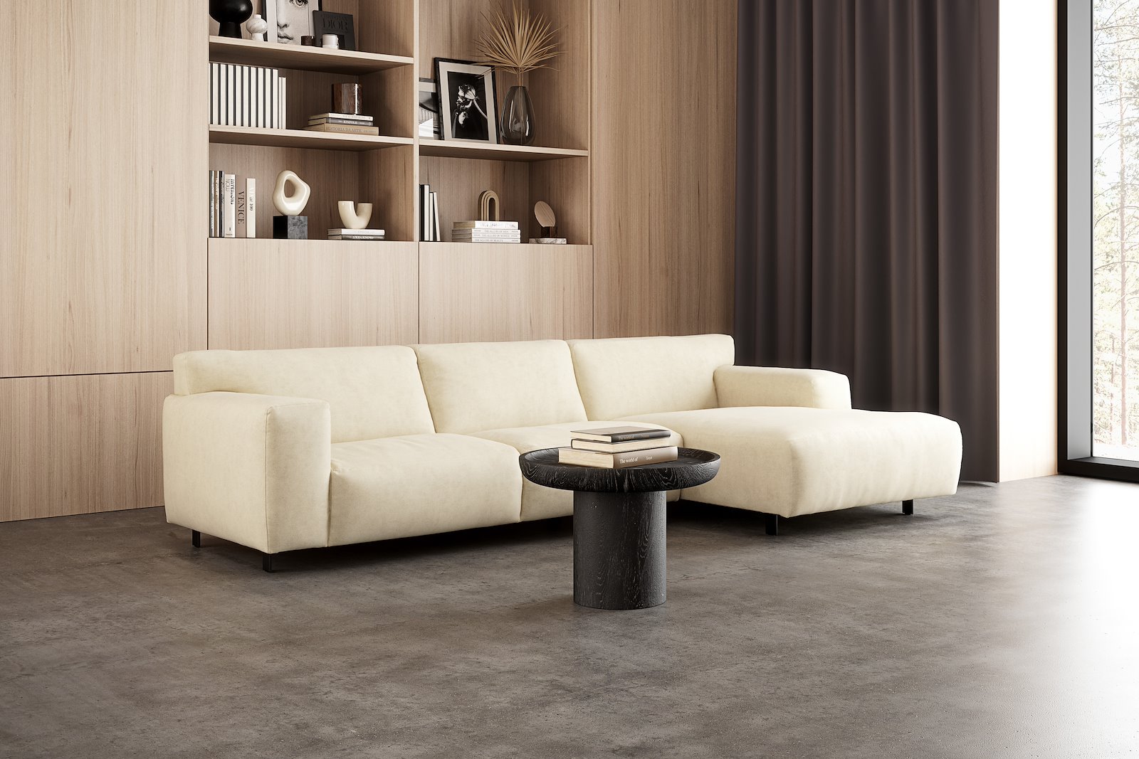 Vesta 2,5-seter med sjeselong høyre I Tekstil Velvety Ivory, standardsøm, sort metallben 10 cm, Comfort CM