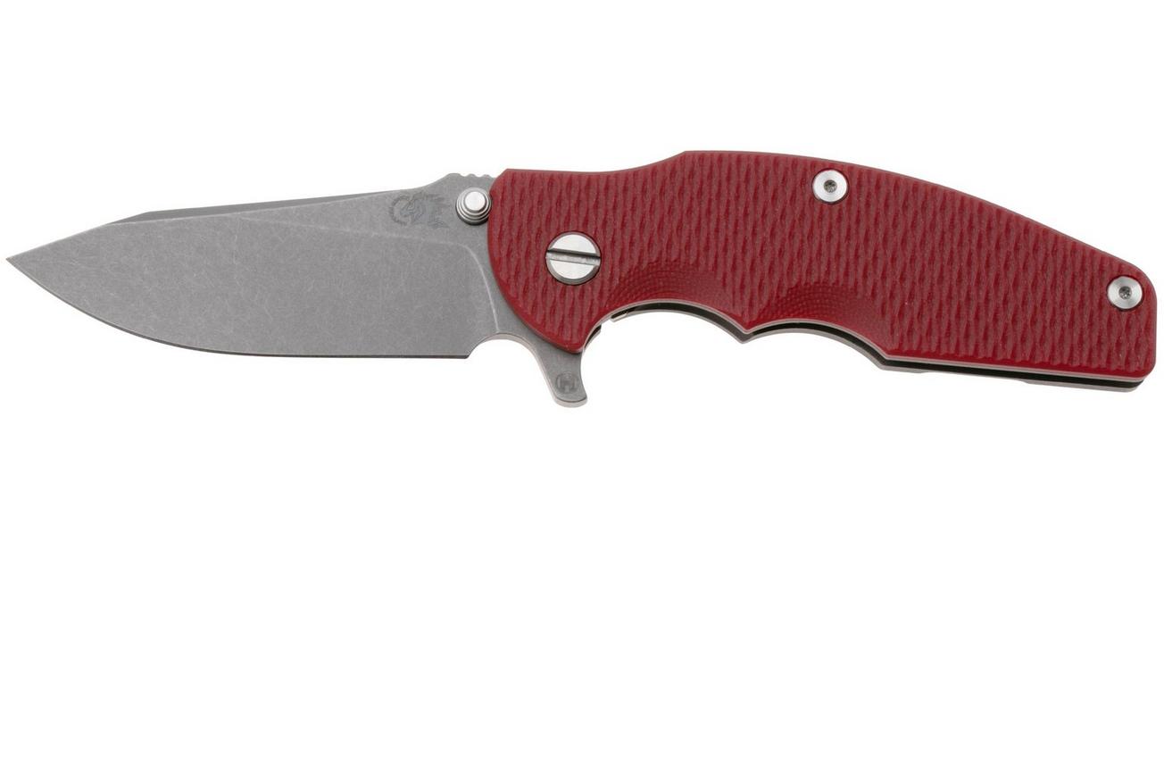 Rick Hinderer Jurassic Slicer, Hollow Ground Magnacut, Working Finish, Red G10, zakmes