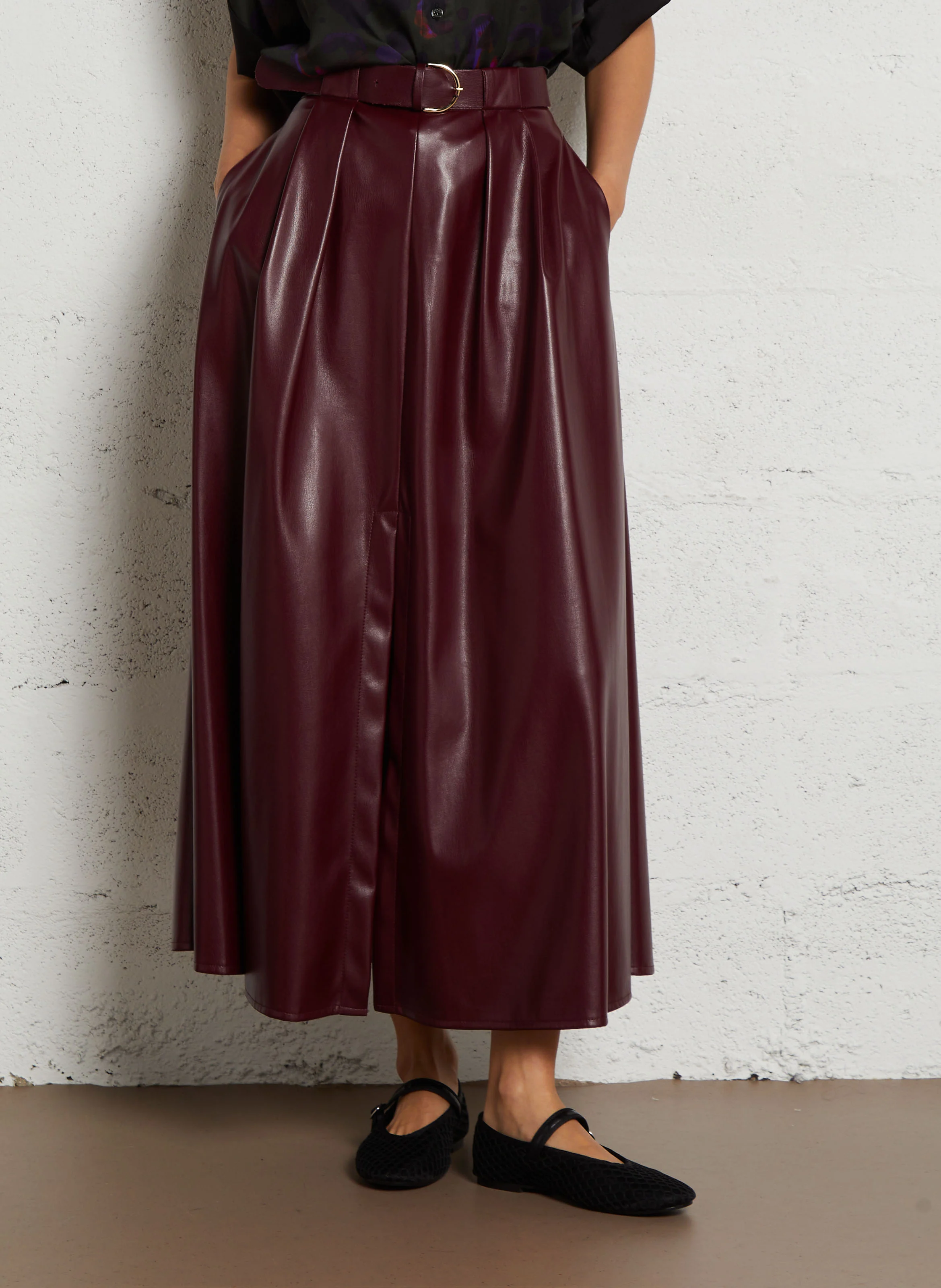Jupe midi évasée effet cuir | Rouge