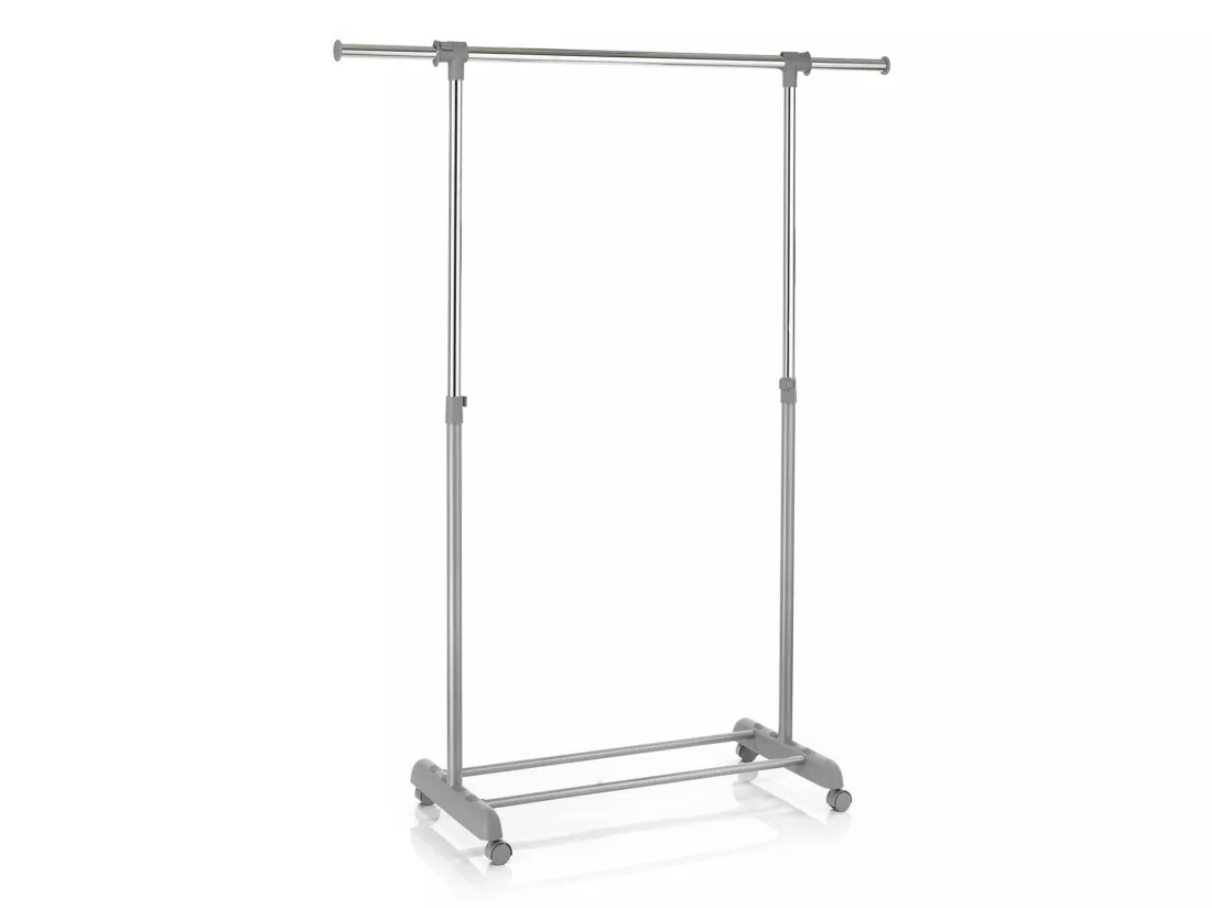 Portant à vêtements SALA en métal chromé et gris, penderie simple sur roulettes avec 1 barre extensible hauteur réglable