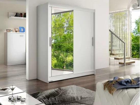 Armoire Closico 112, Blanc, 200x150x58cm, Portes d'armoire: Glissement