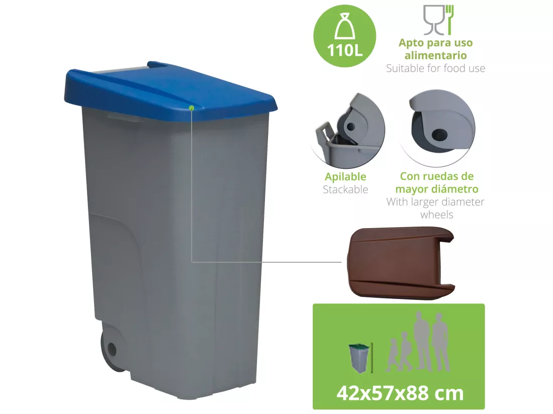 Recycler le conteneur 110 litres fermé + 3x sacs à ordures de 10 unités, L57 P 42 H88