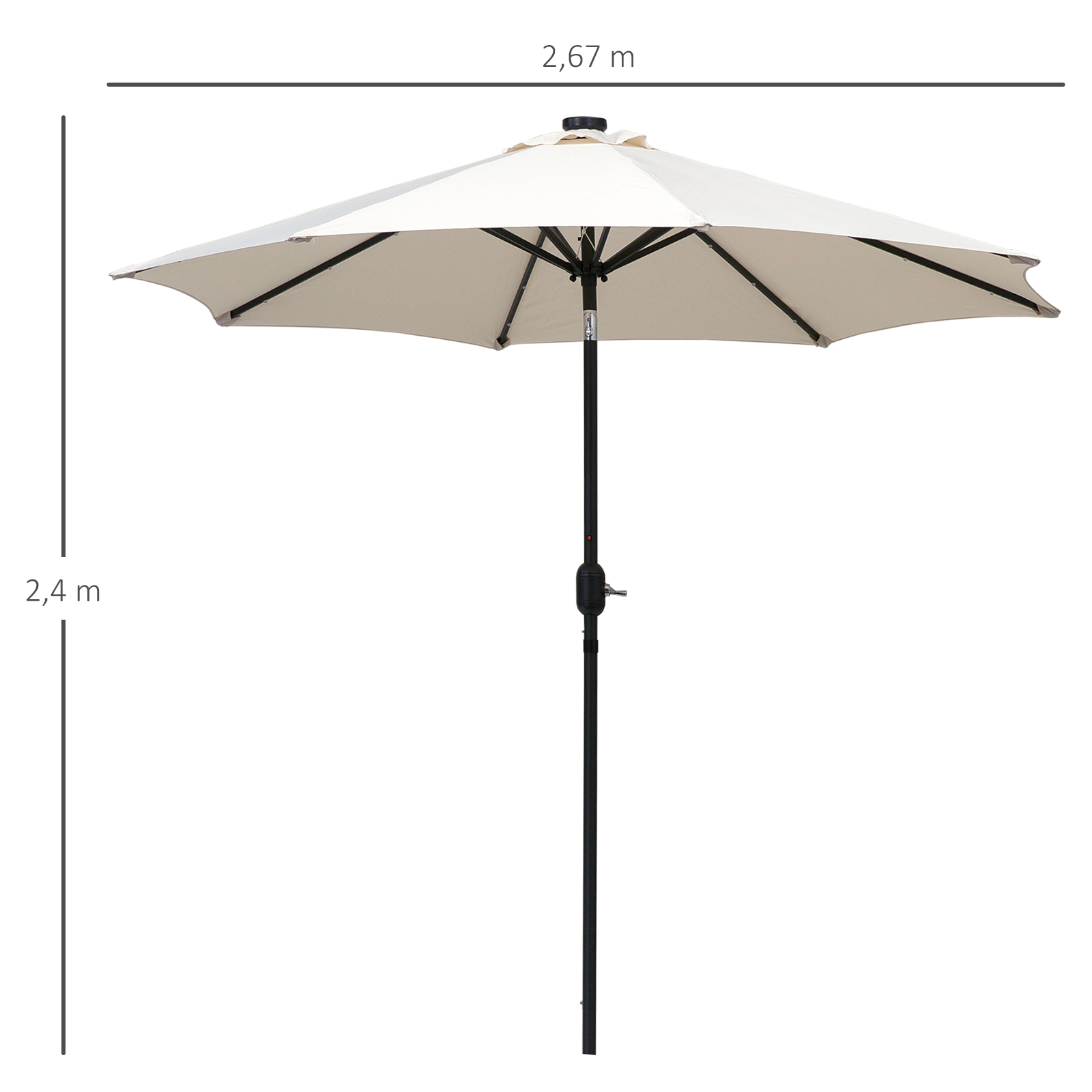 Guarda-sol de jardim Outsunny Ø268x238 cm com 24 luzes solares LED, mecanismo de inclinação, manivela e mastro de metal removível para piscina e pátio, cor creme.