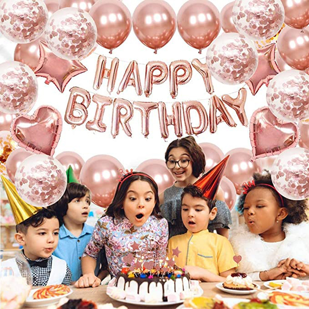 (76-tlg. Set) Happy Birthday Girlande Geburtstags Party Deko   Latex- und Folienballons / Tischtuch - Roségold