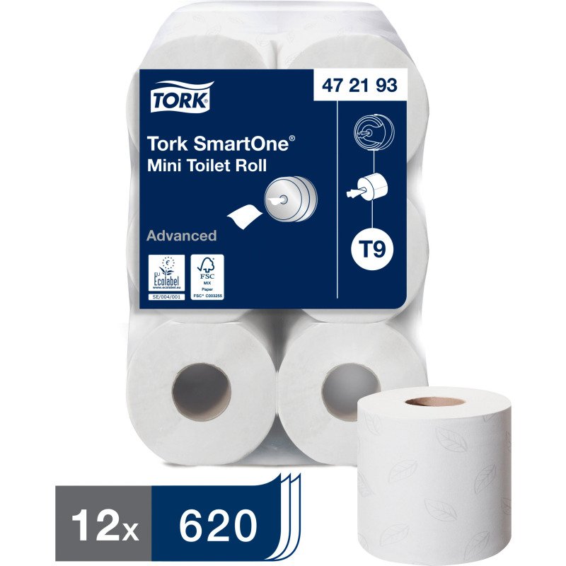 Tork SmartOne® Mini papier toilette rouleau blanc T9, Advanced, 2 plis, 12 x 620 feuilles