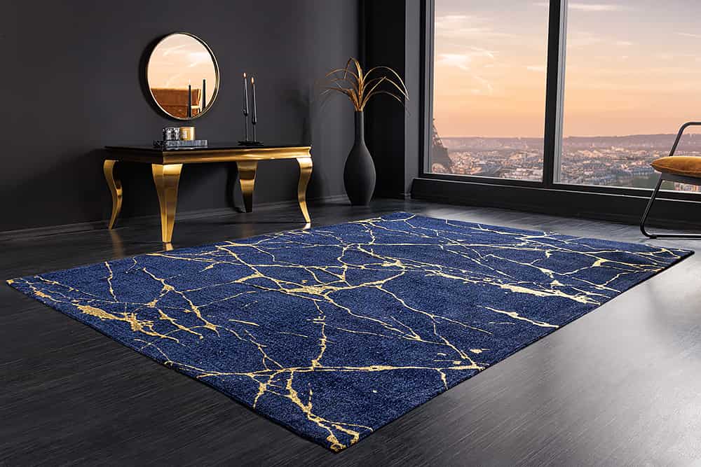 Design Teppich MARBLE 240x160cm königsblau gold Marmor-Optik Flachgewebe