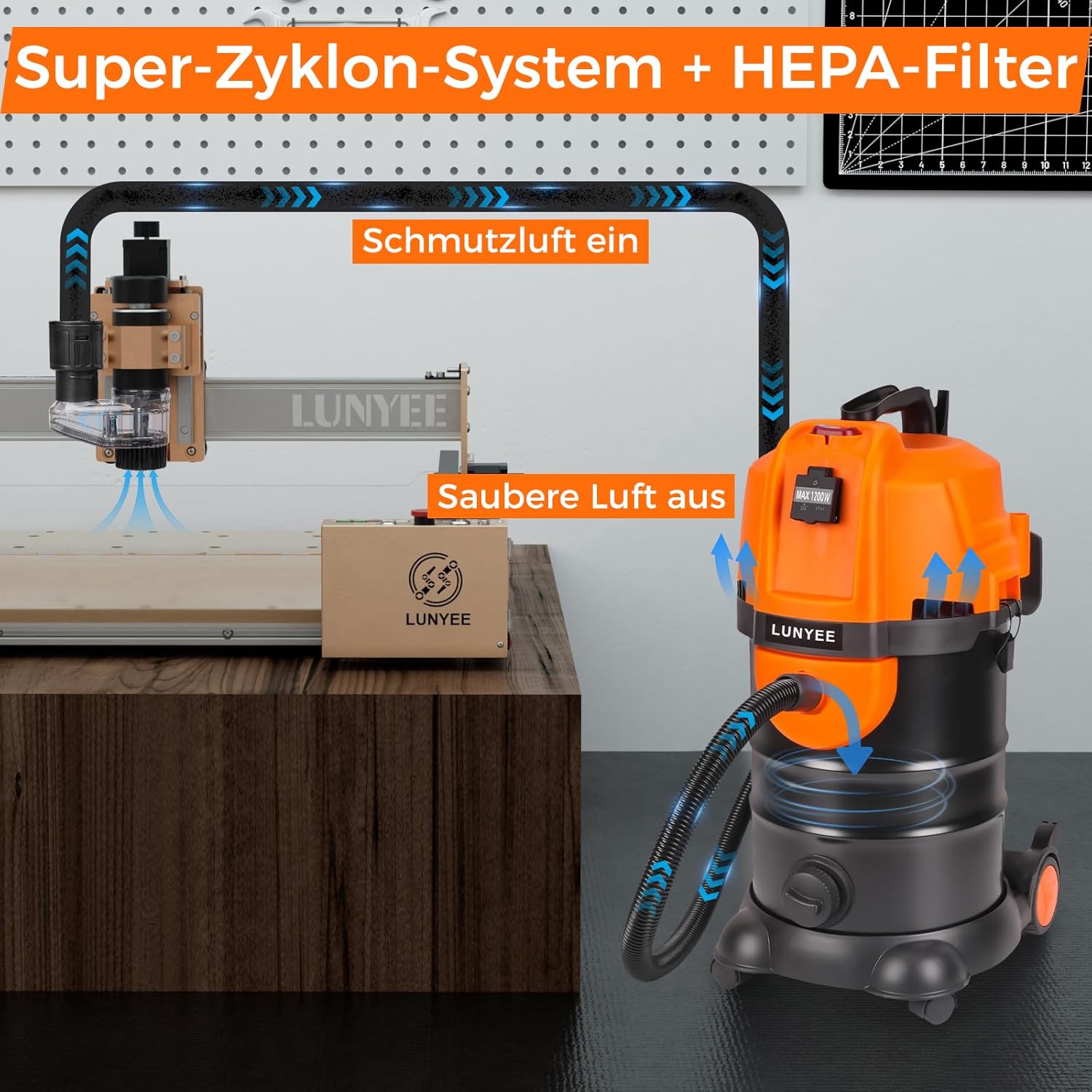 LUNYEE 19KPa Industriestaubsauger mit Einschaltautomatik 30L,1800W Industriesauger Beutellos mit Automatischem Vakuumschalter Zyklon-Staubabscheider Werkstattsauger für CNC-Maschine(Orange)