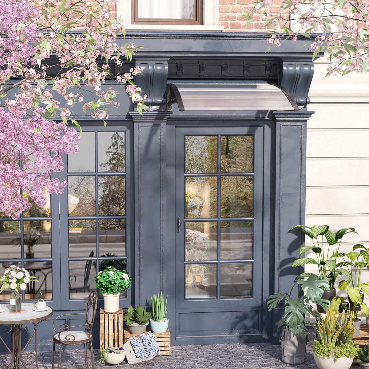 Outsunny Aanbouwluifel voor voordeur 103 x 96,5 x 27 cm Dak met UV-bescherming, regenbescherming, zonwering voor buiten, aluminium, zwart