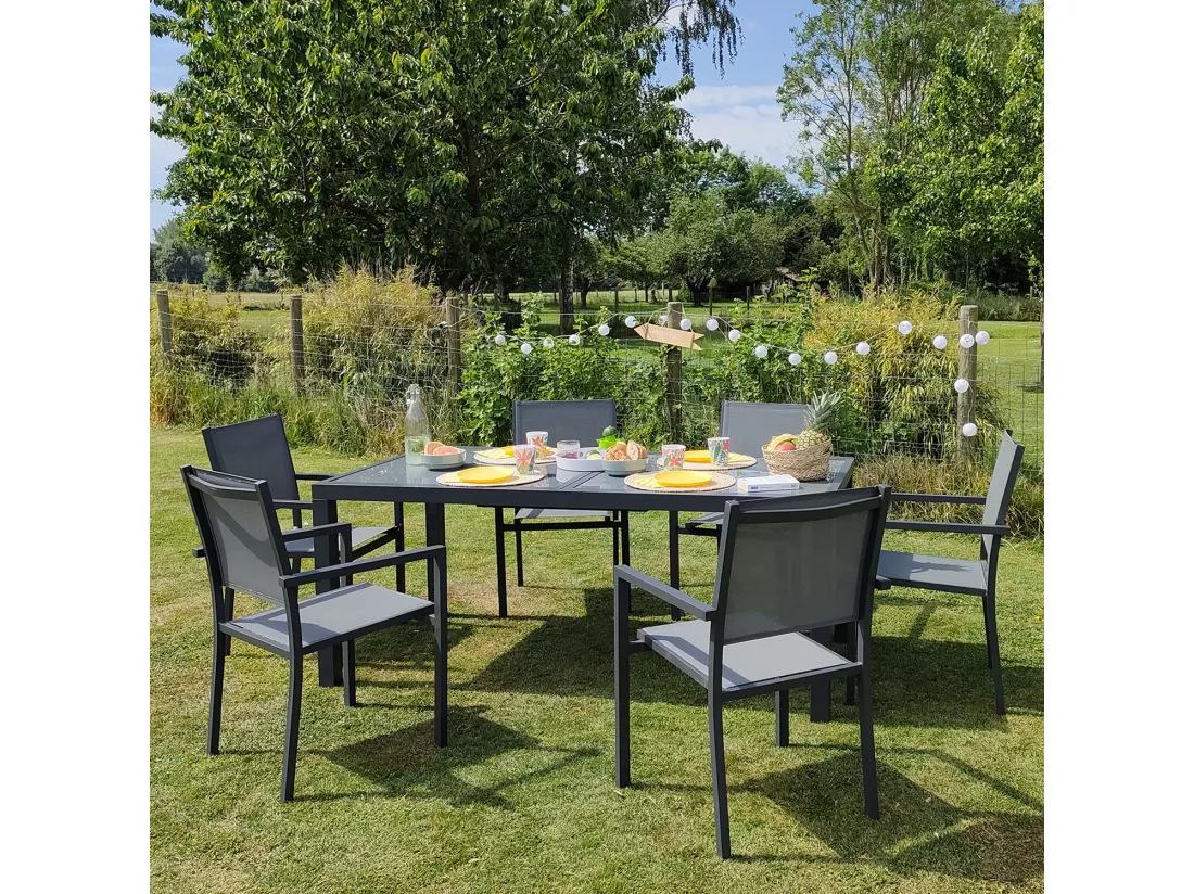 Salon de jardin FIRENZE extensible en textilène gris 8 places - aluminium anthracite - HAPPY GARDEN