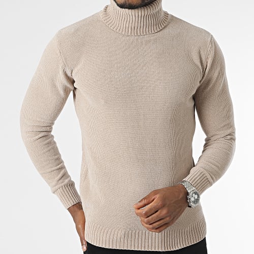 Pull Col Roulé Beige Foncé Chiné