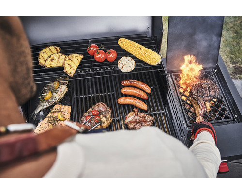 Char-Broil Professional Power Edition gasbarbecue met 3 branders, matzwart, inclusief opbergplank, dekselthermometer, geëmailleerde gietijzeren planchaplaat, vetopvangbak, grillrooster, uitklapbare zijtafel, zijplank, warmhoudrek.