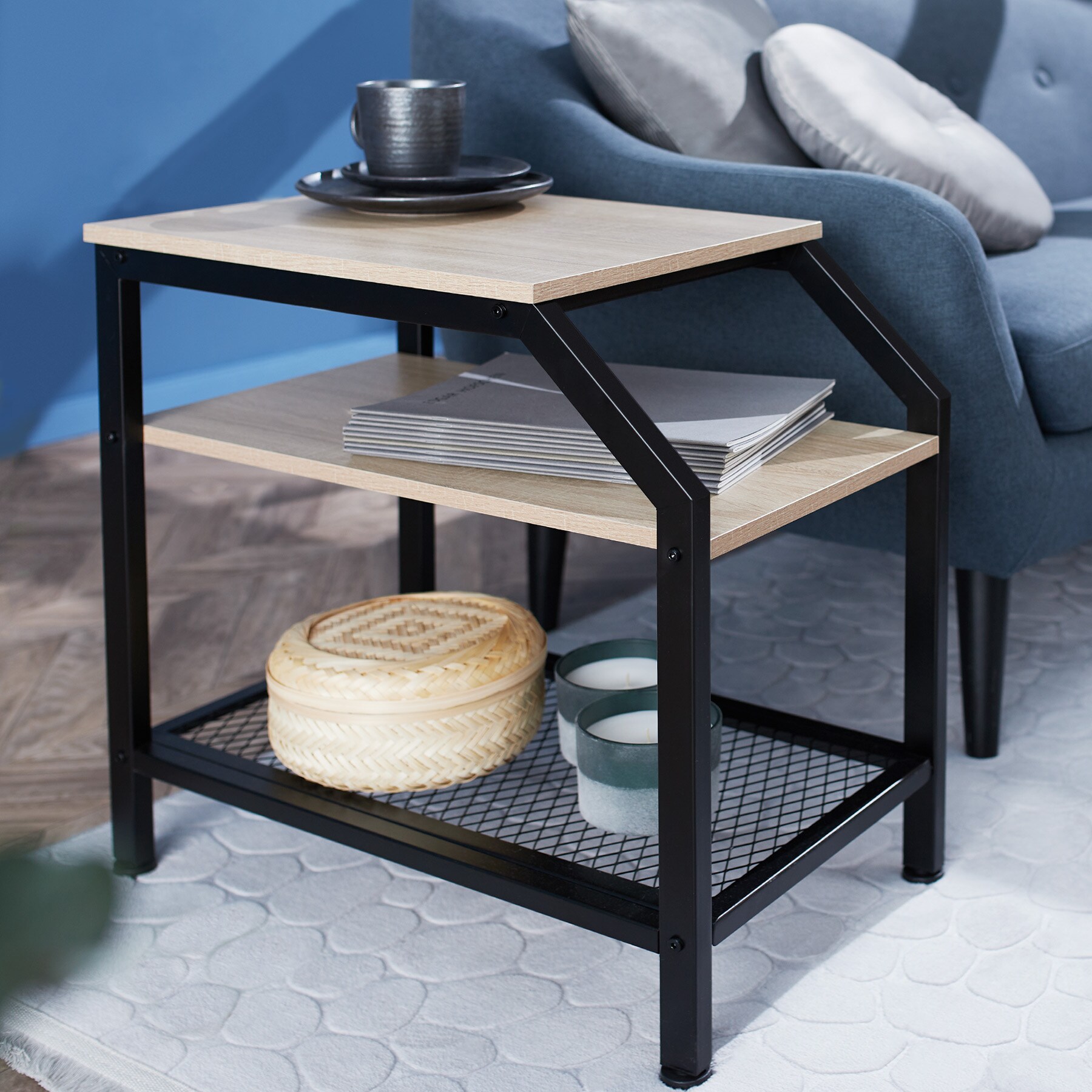tectake® Beistelltisch, Industrial Style, mit 2 Ablagen und Gitterablage, 36,5 x 58,5 x 59,5 cm