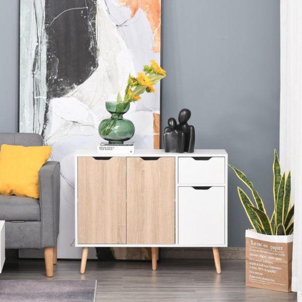 Homcom Aparador Móvel Auxiliar de Armazenamento com 2 Armários de Porta Gaveta Pés de Madeira para Sala de Estar Cozinha Dormitório 90x30x72cm Natural e Branco