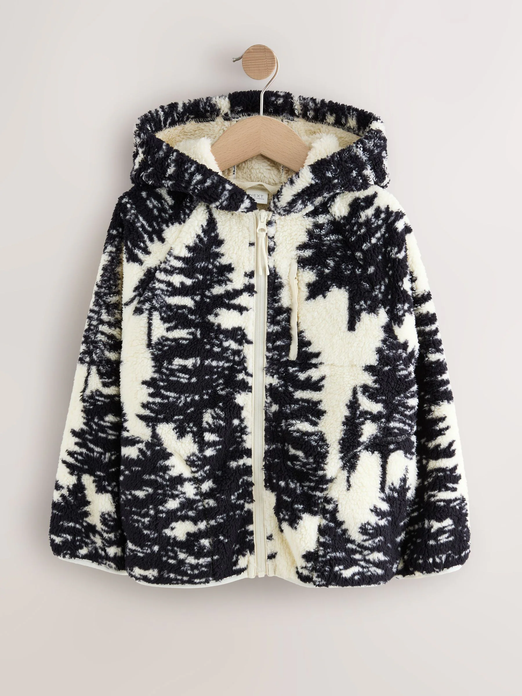 Black/Cream Tree Print - Matching Family Hooded Zip Borg Fleece Jacket (3-16yrs)