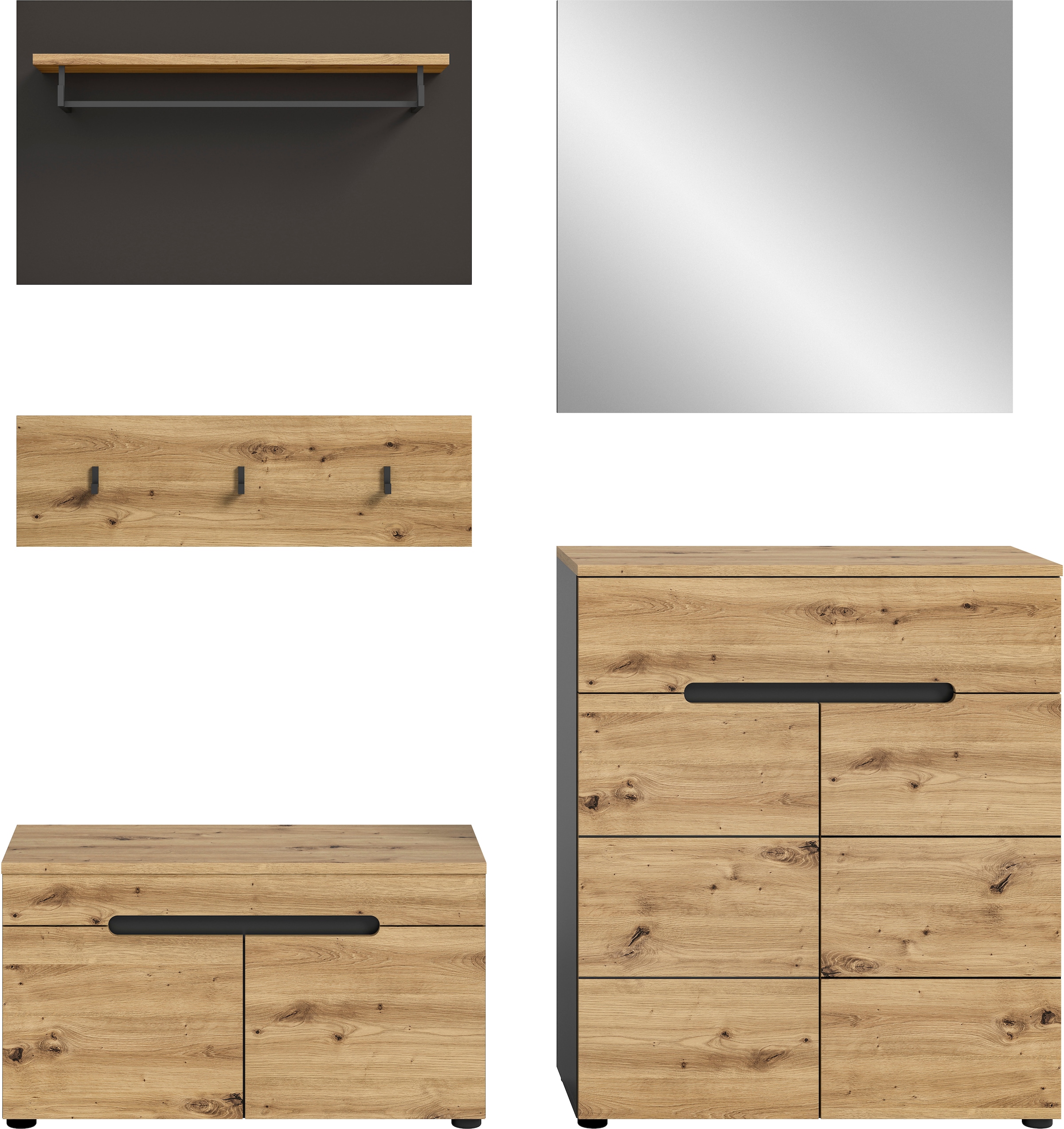 INOSIGN Garderoben-Set »REHAT, TOPSELLER!, 5-teilig, Breite 175cm, individuell stellbar« bestehend aus: Sitzbank, Paneel, Hakenleiste, Spiegel, Kommode, 4 Stk. tlg.