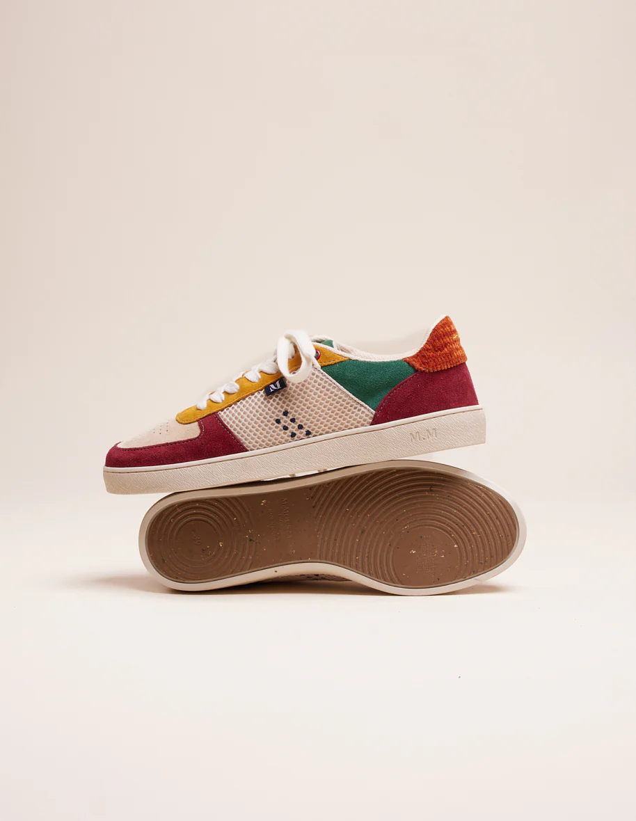 Baskets basses Marie - Suède et mesh bordeaux beige moutarde