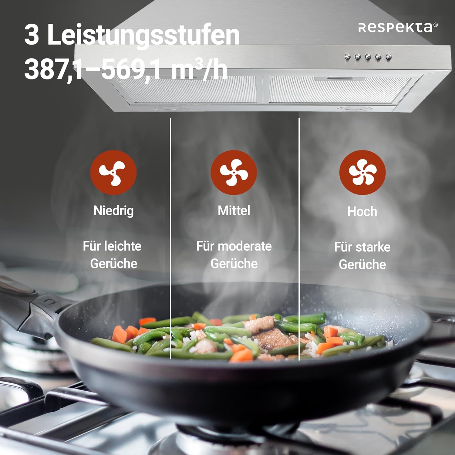 Respekta Dunstabzugshaube / Kaminhaube 60 cm / Edelstahlgehäuse / Abluft - und Umluftfunktion / CH44078-60IX-A / A / 56 – 70,3 dB