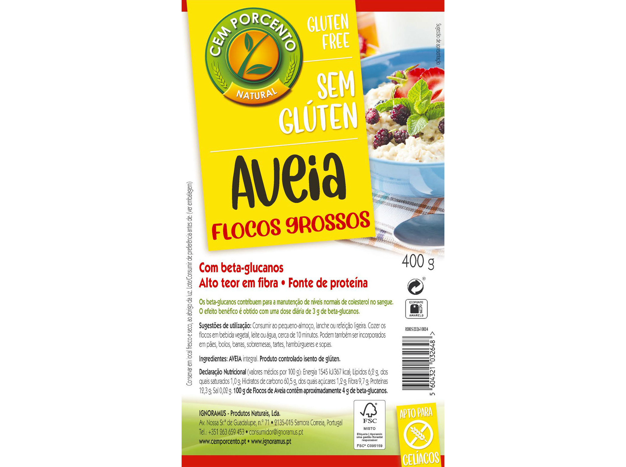 FLOCOS CEM PORCENTO AVEIA GROSSOS SEM GLÚTEN 400G