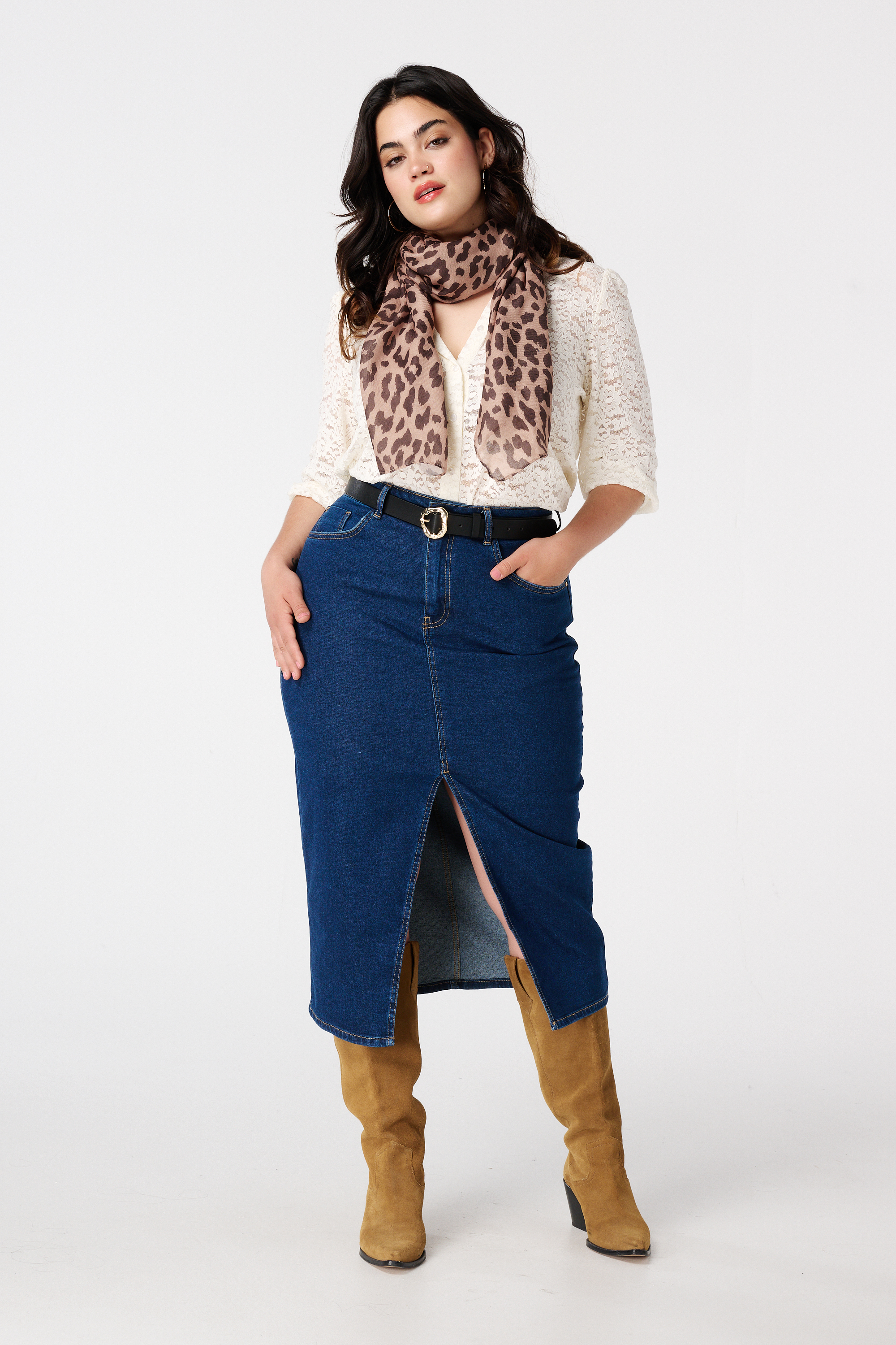Midi rok denim Rinse Washed Denim