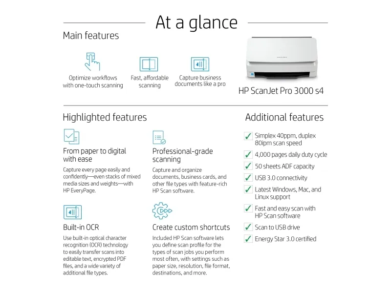 HP Scanjet Pro 3000 s4 Sheet-feed - Dokumentscanner - CMOS / CIS - Duplex - 216 x 3100 mm - 600 dpi x 600 dpi - op til 40 ppm (mono) - ADF (50 ark) - op til 4000 scanninger pr. dag - USB 3.0