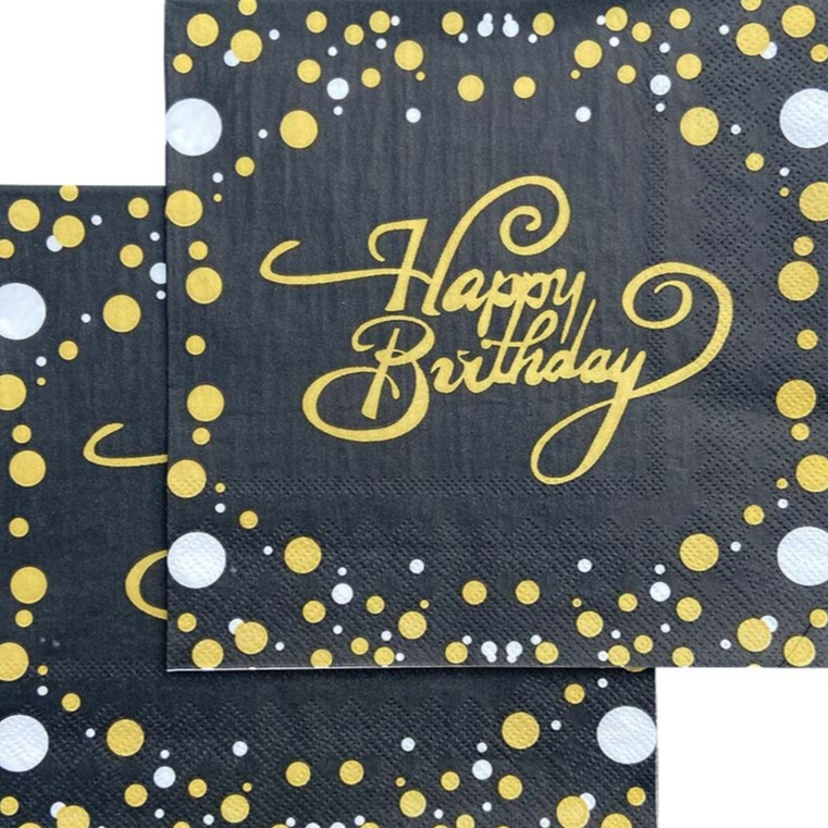 (40er Set) 33x33cm Happy Birthday Einweg Servietten Party Tisch Dekoration - Schwarz / Gold