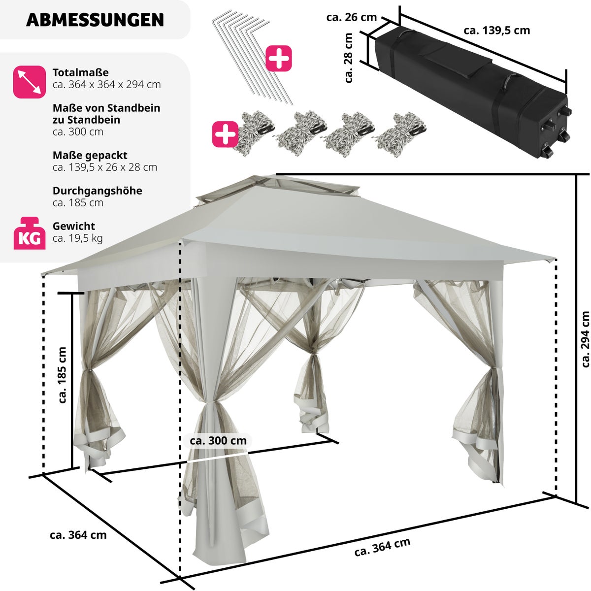 Opvouwbaar paviljoen tectake Carabobo 3,64 x 3,64 x 2,94 m inclusief scheerlijnen, haringen en draagtas