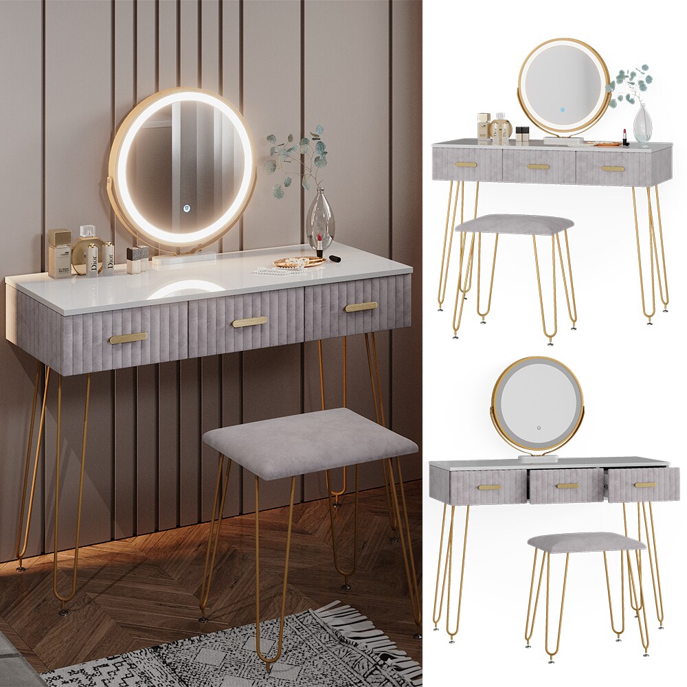 Vicco Schminktisch Frisiertisch Schminkkommode Layla Weiß Grau LED-Spiegel Design-Hocker 100x79 cm modern Schlafzimmer Kommode Schublade Ablage Aufbewahrung Touch-Switch Kosmetiktisch Make-Up-Tisch