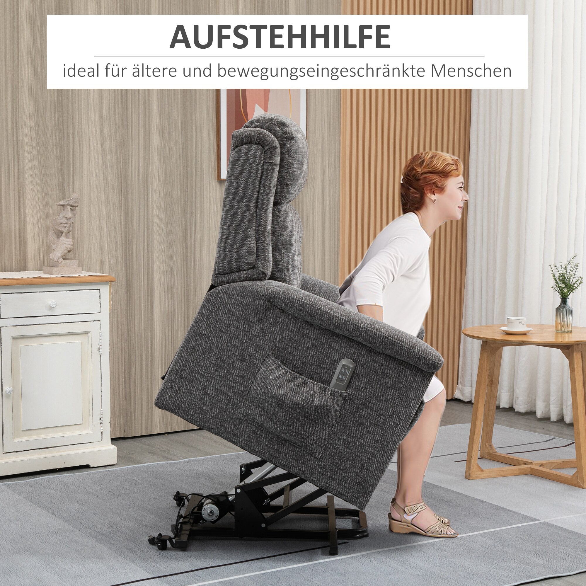 HOMCOM Aufstehsessel mit Seitentasche grau 89L x 96B x 108H cm
