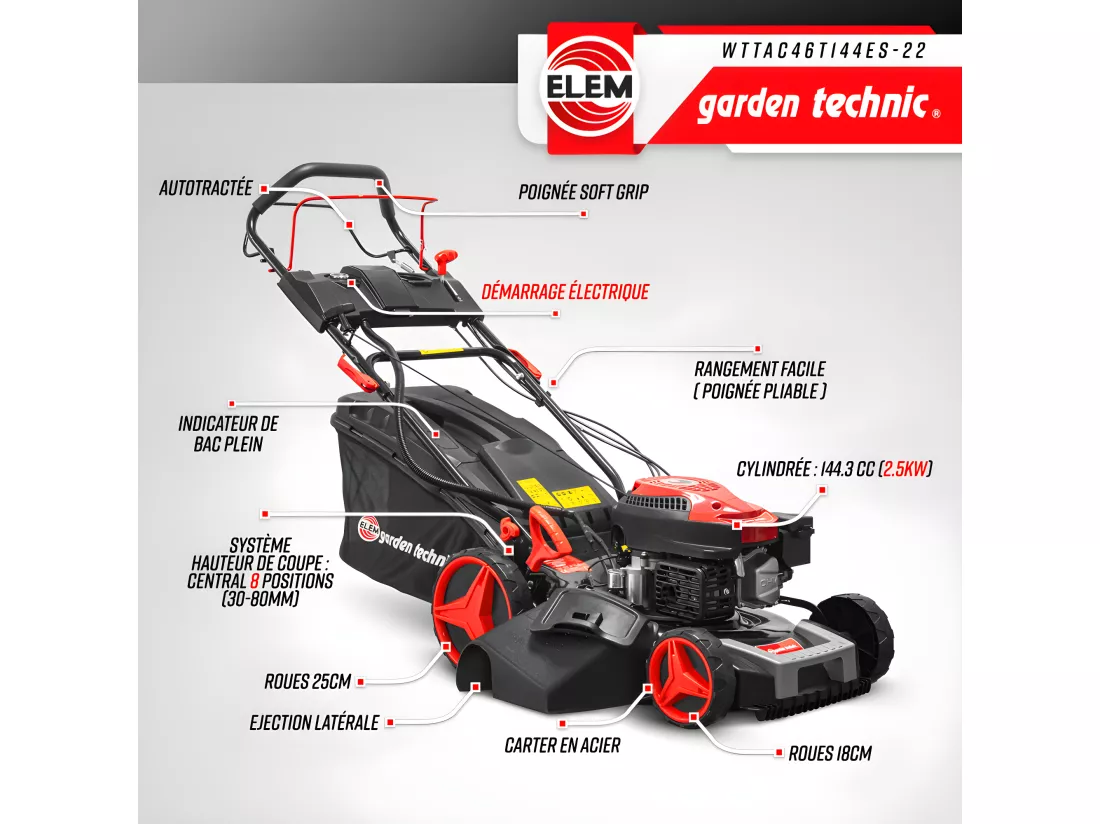 Tondeuse thermique autotractée 144.3cc - 46cm avec démarrage électrique -mulching - éjection latérale - Elem Garden