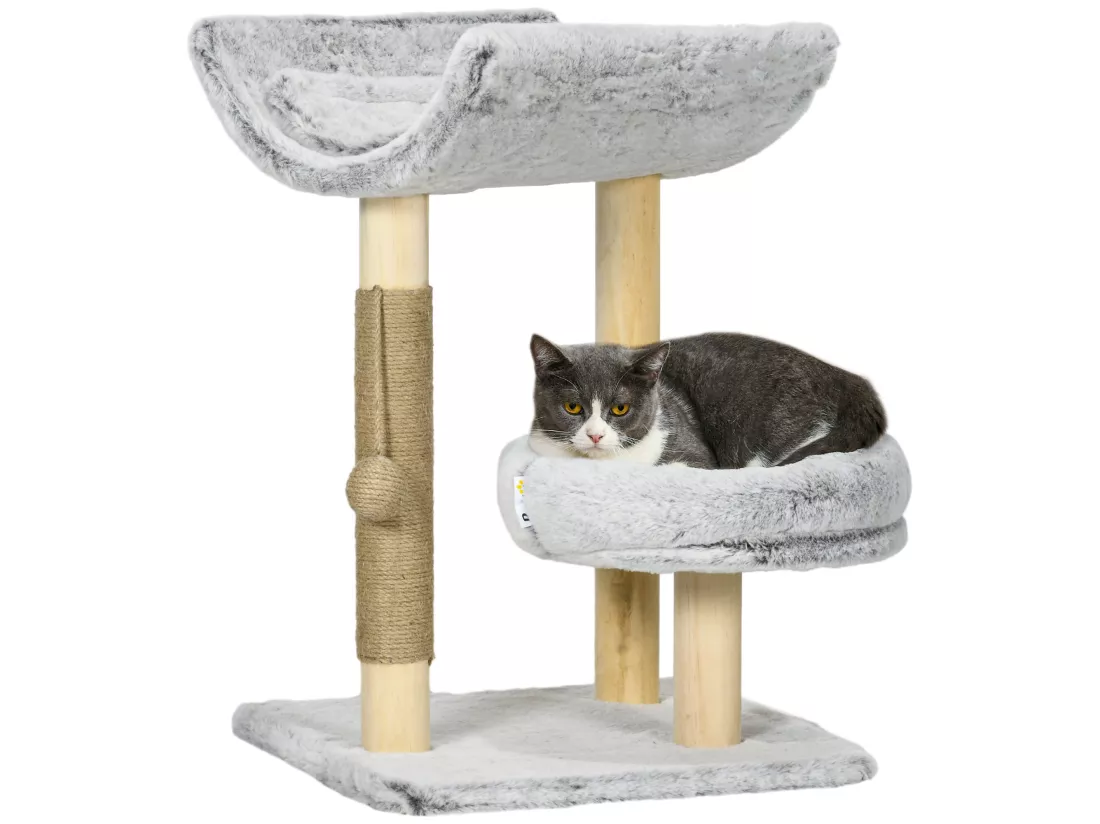 Arbre à chat griffoir chanvre naturel panier plateforme d'observation jeu boule suspendue bois panneaux peluche gris