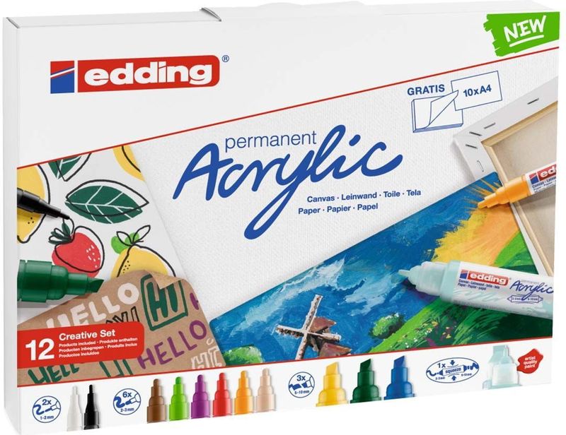 edding Acrylverf stiften starterset - 12 acryl markers - Brede beitelpunt - Inclusief kleurblok
