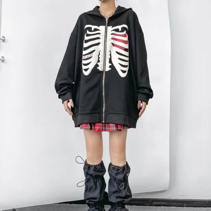Sensarra - Rib Cage Print Hoodie met Ritssluiting