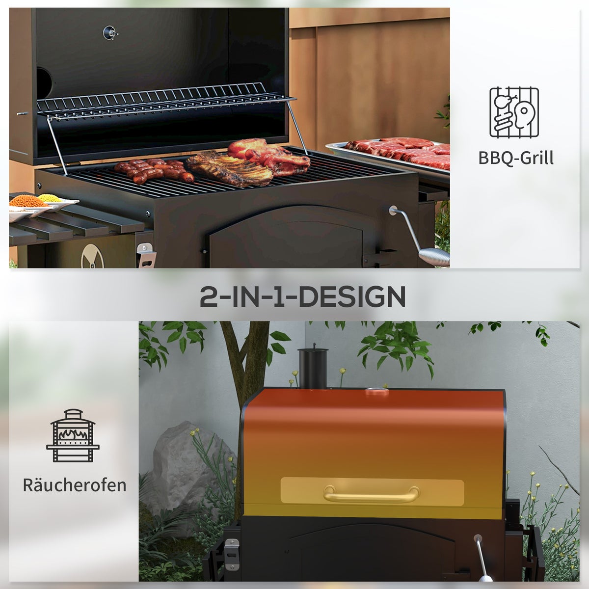 Outsunny Houtskoolgrill, BBQ Tuingrill, met Rookoven, Warmhoudplaat, Planken, 124 x 66 x 112 cm, Metaal, Zwart
