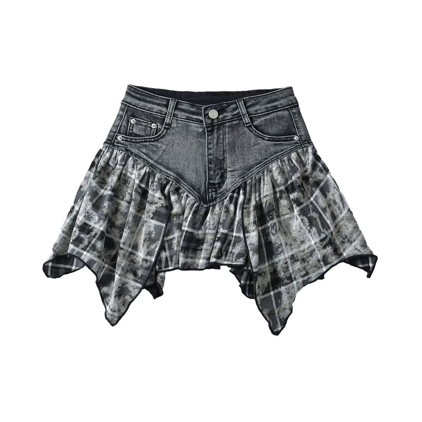 Firebird - Laag uitgesneden denim minirok met geruit paneel