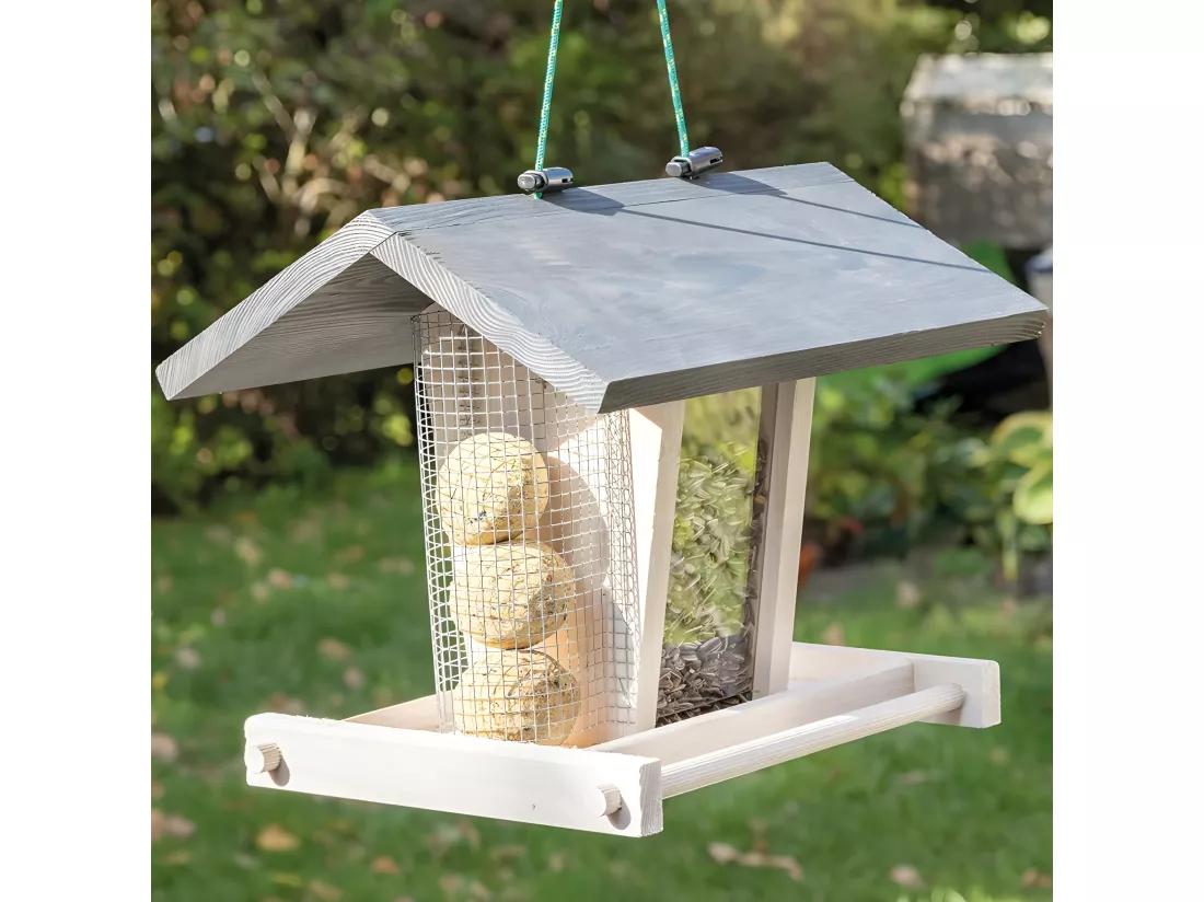 Mangeoire oiseaux extérieur à suspendre pour oiseaux sauvages pour jardin balcon Distributeur de graines«324 Cabane Gris Blanc»