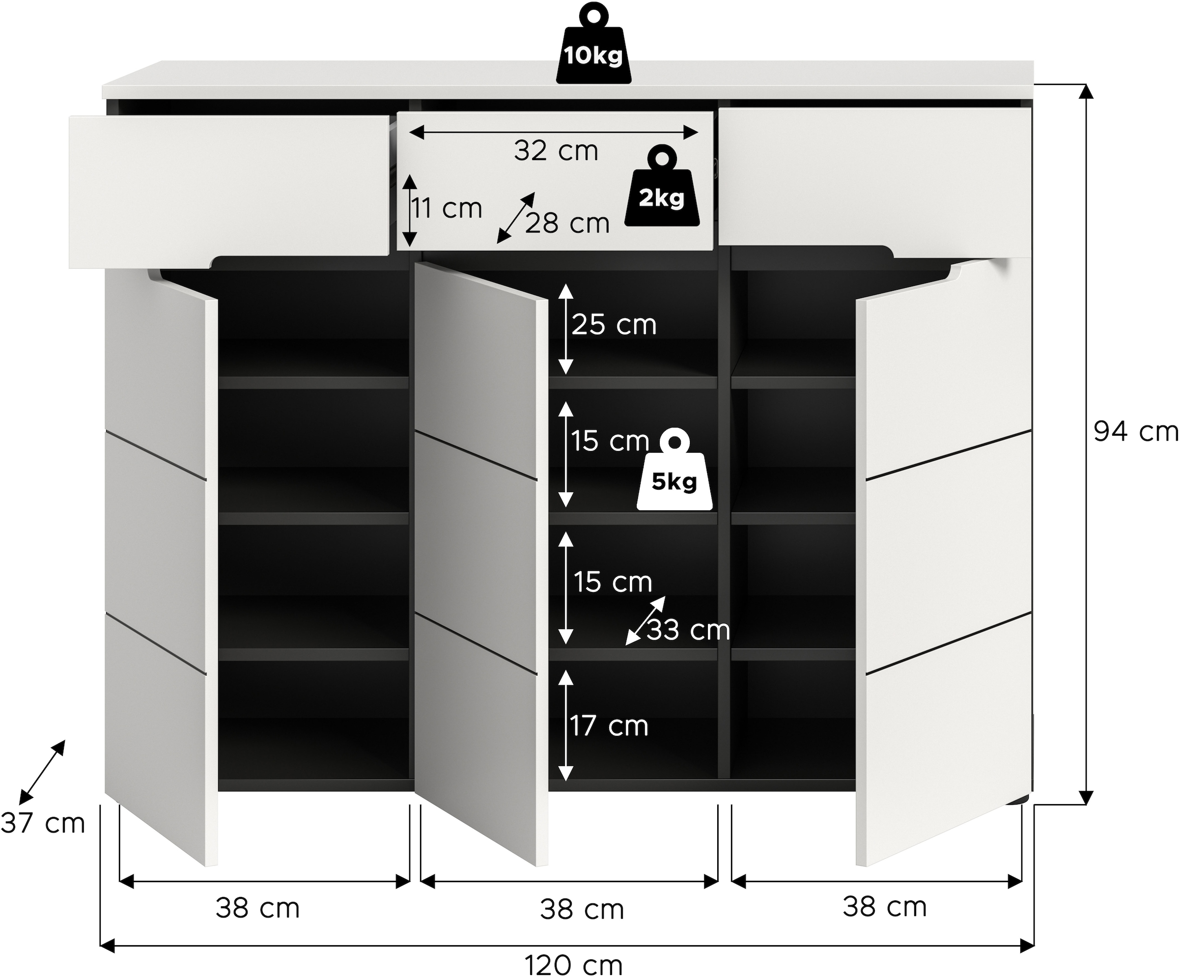 INOSIGN Garderobenschrank »REHAT, TOPSELLER!, Breite 120 cm, 3 Türen, 3 Schubkästen, 12 Fächer« in verschiedenen Farben erhältlich, Platz für ca. 24 Paar Schuhe, 1 Stk. tlg. Schuhschrank, Kommode, Schuhkommode, Anrichte, Sideboard