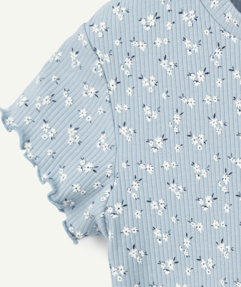 T-SHIRT FILLE EN COTON BIO BLEU CÔTELÉ IMPRIMÉ FLEURI