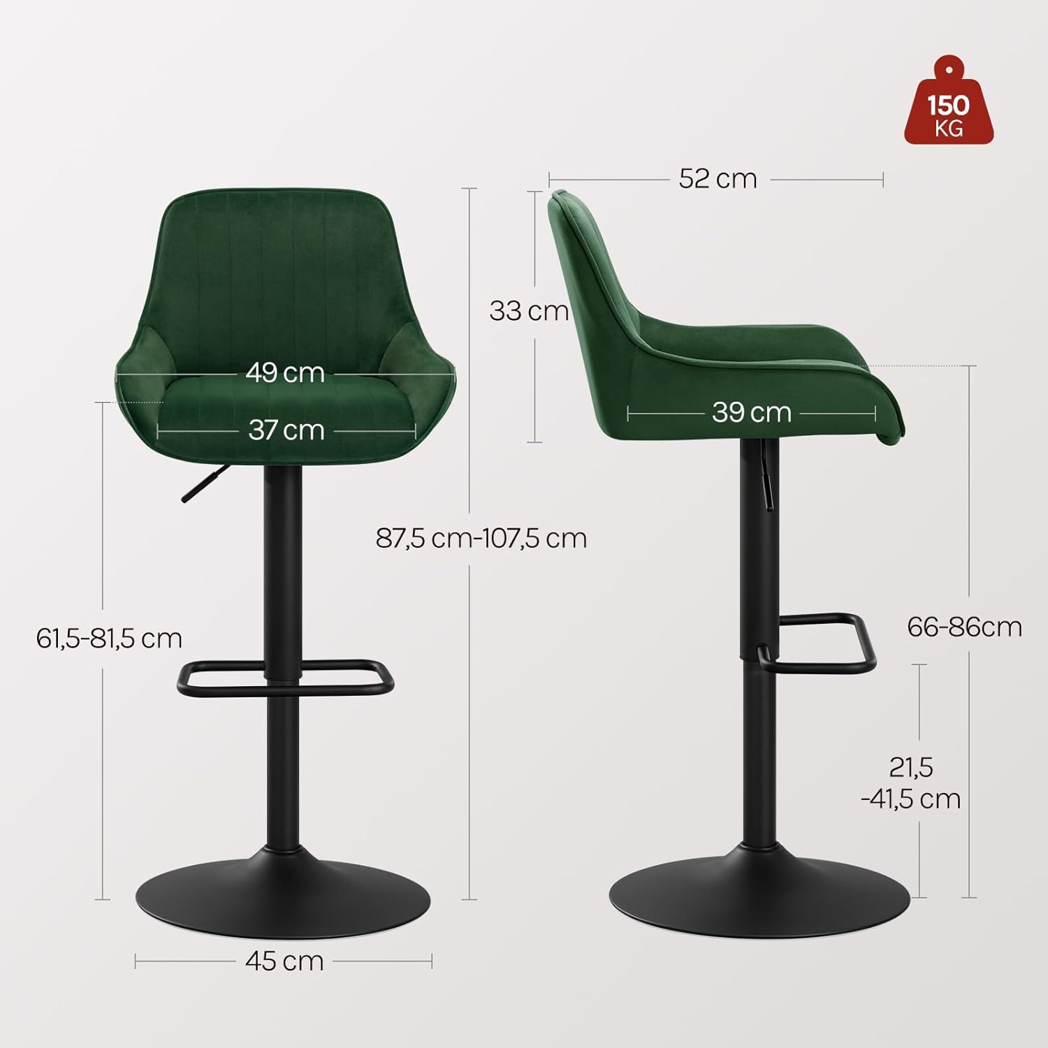 WOLTU Barhocker 2er Set, Höhenverstellbar und 360° Drehbar, Barstuhl mit Rückenlehne und Fußstütze, für Küche Bar Esszimmer, Milchzarter Plüsch, Dunkelgrün