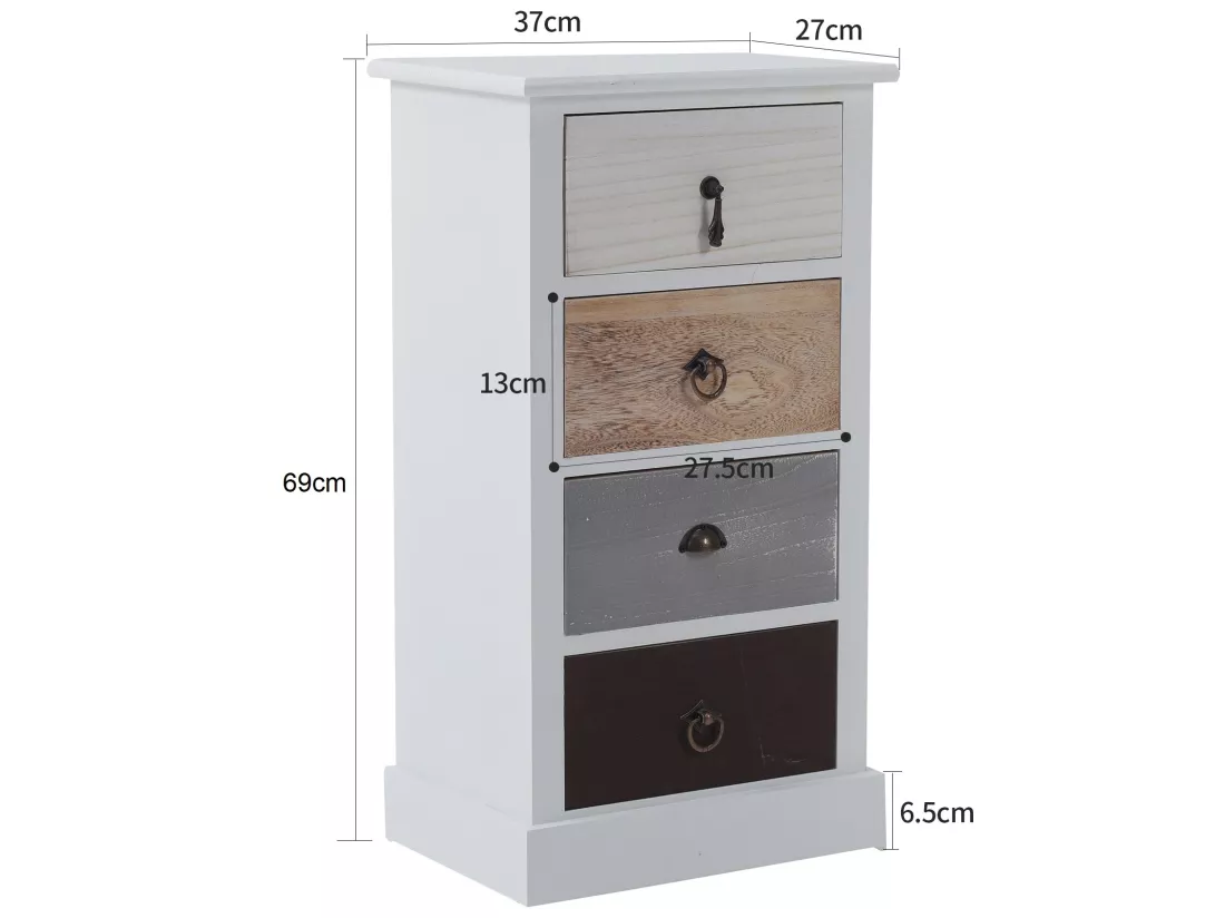 Meuble De Chevet Commode 4 Tiroirs Bois Blanc Rustique 69x37x27