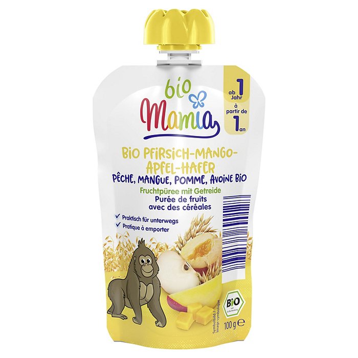 MAMIA BIO Bio-Quetschbeutel 100 g, Apfel-Mango-Pfirsich-Hafer