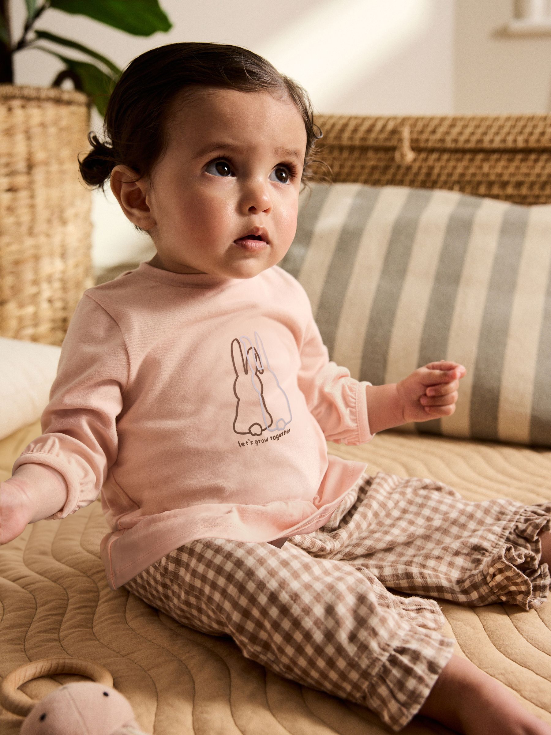 Roze/naturel gingham - 2 -delige Babyset van peplum top met Lange mouwen en Broeken (0mnd -2jr)