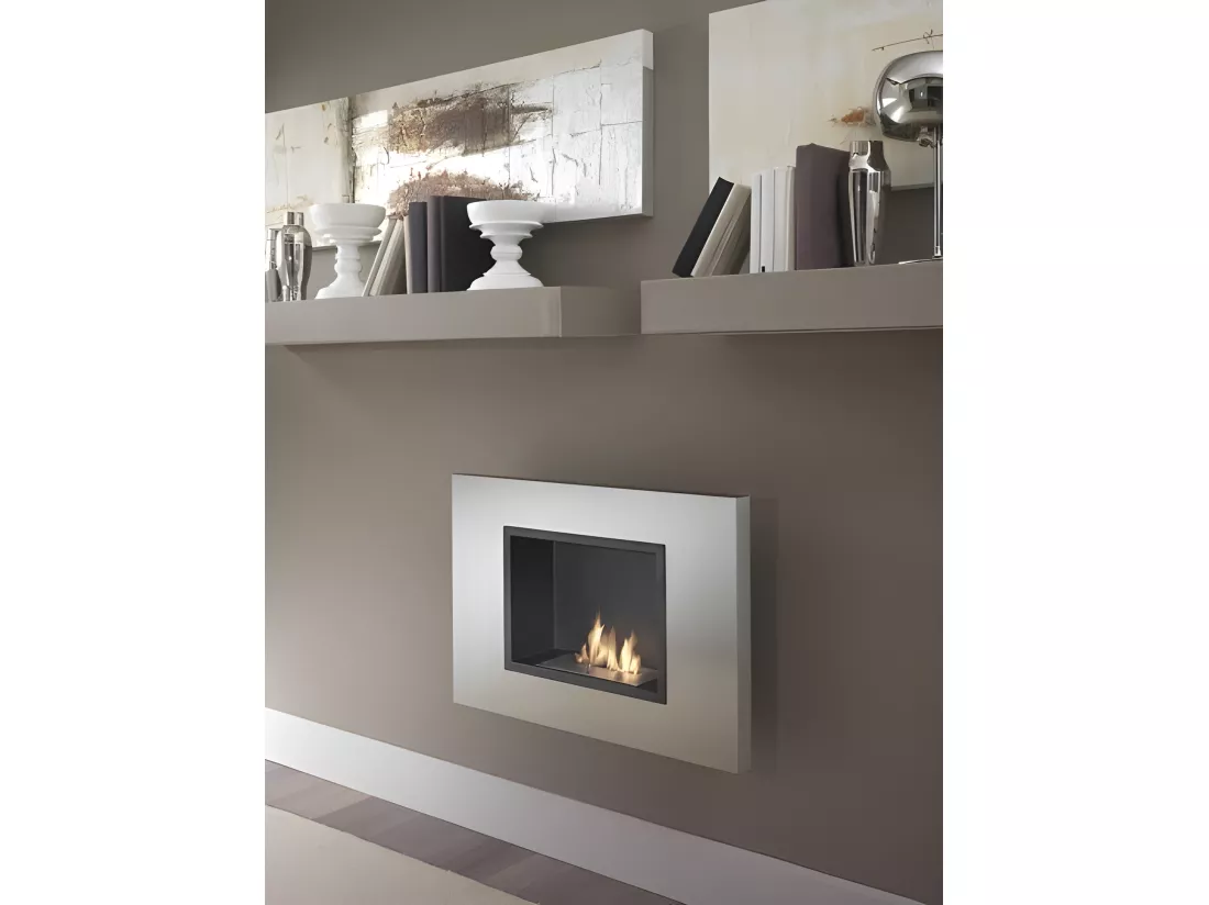Bio-cheminée murale au bioéthanol design gris chrome 78 x 17 xh 54 cm
