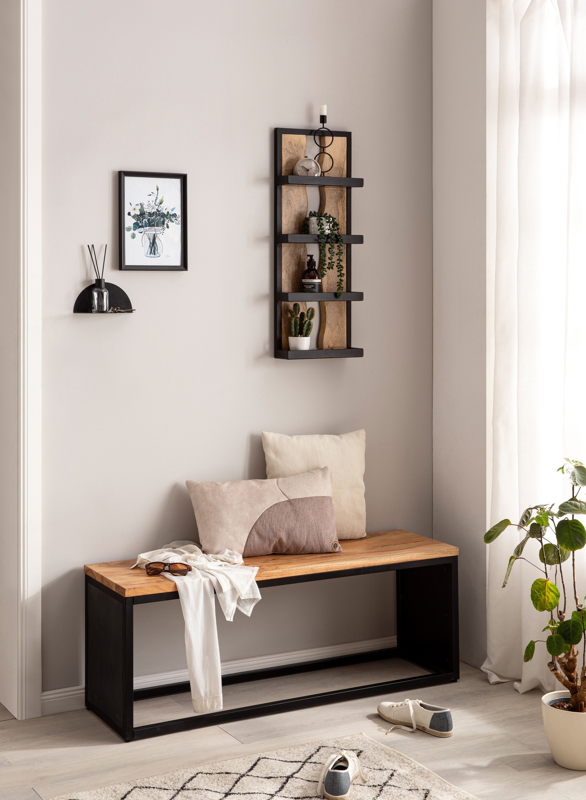 CASAVANTI Wandregal 30x80x10 cm Massivholz Mango/Metall braun/schwarz
