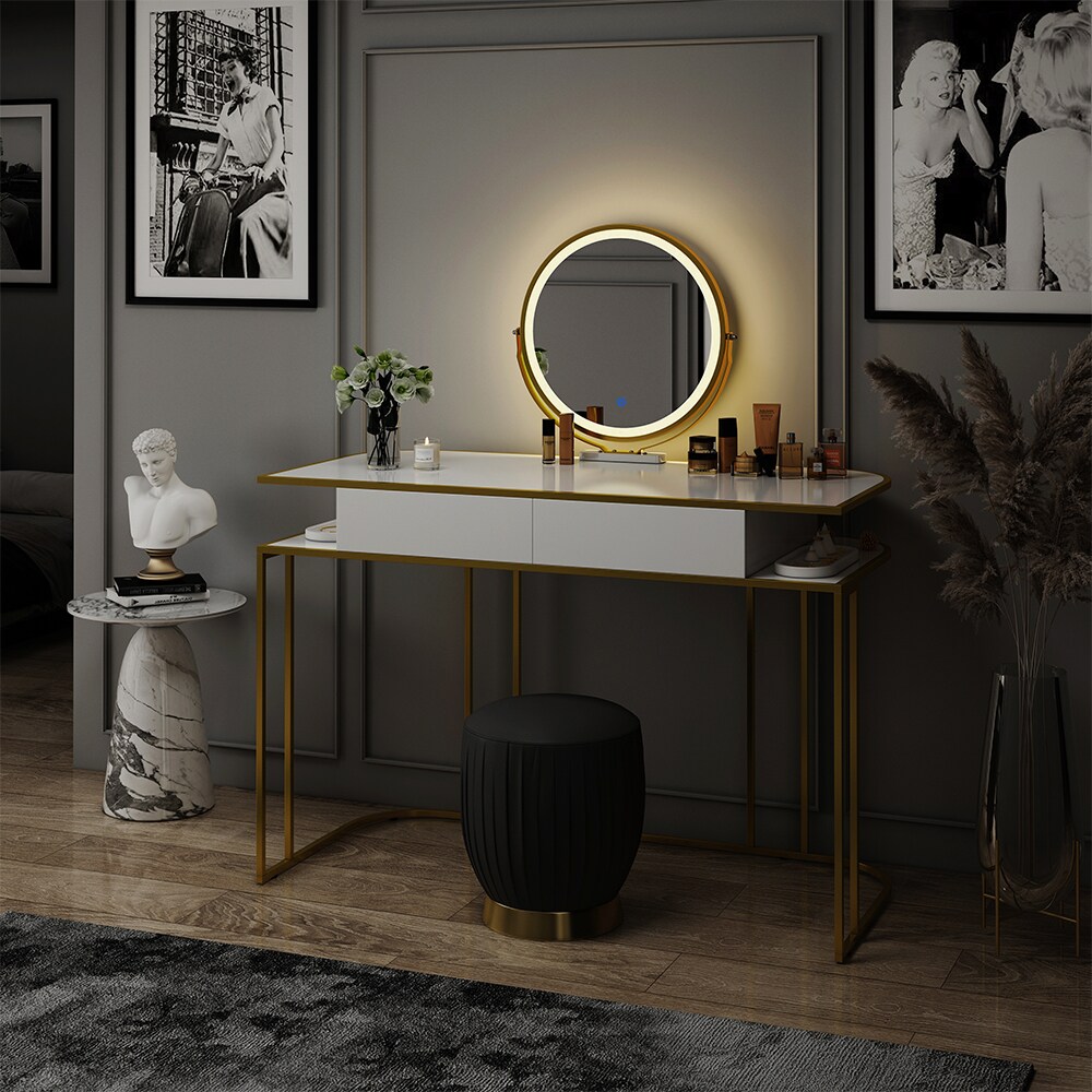 Vicco Schminktisch Tiara, 110 x 122 cm, Weiß Gold, Frisiertisch mit LED-Spiegel