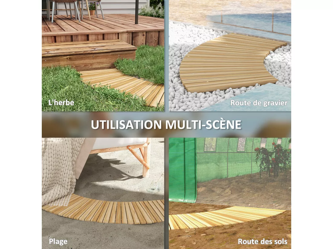 Allée chemin de jardin incurvé enroulable en lattes de bois dim. 120/72L x 38l cm sapin pré-huilé