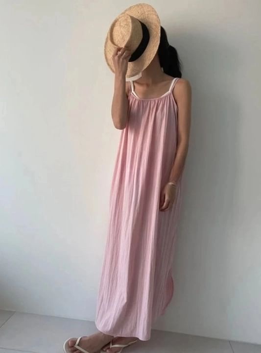 Seoulchic - Spaghettibandjes Effen Gerimpelde Losse Maxi-jurk
