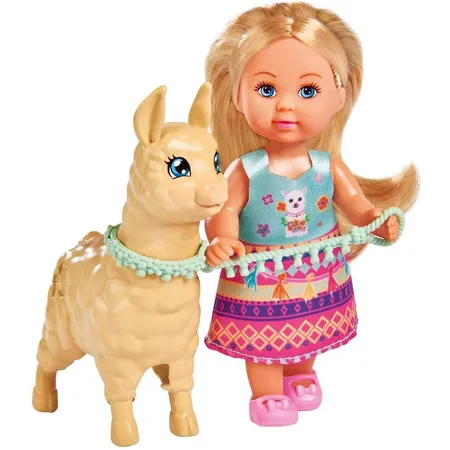 Simba Evi Love Puppe im süßen Outfit mit Alpaka und Leine, 12 cm
