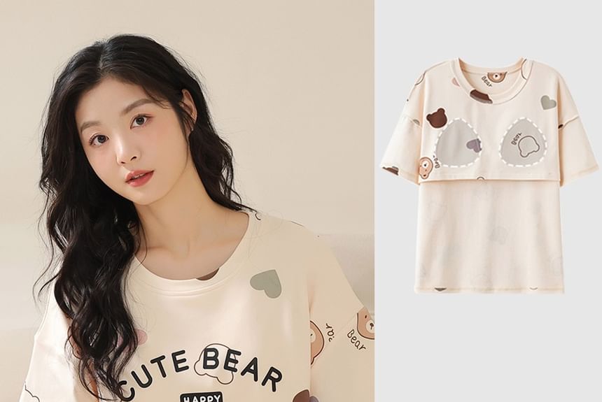 Jeony - Loungewearset: T-shirt met korte mouwen en berenprint en capribroek